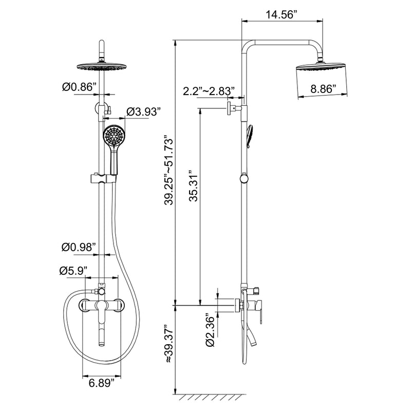 Exposed Complete Shower System with Handheld Rain Shower Head and Tub Spout