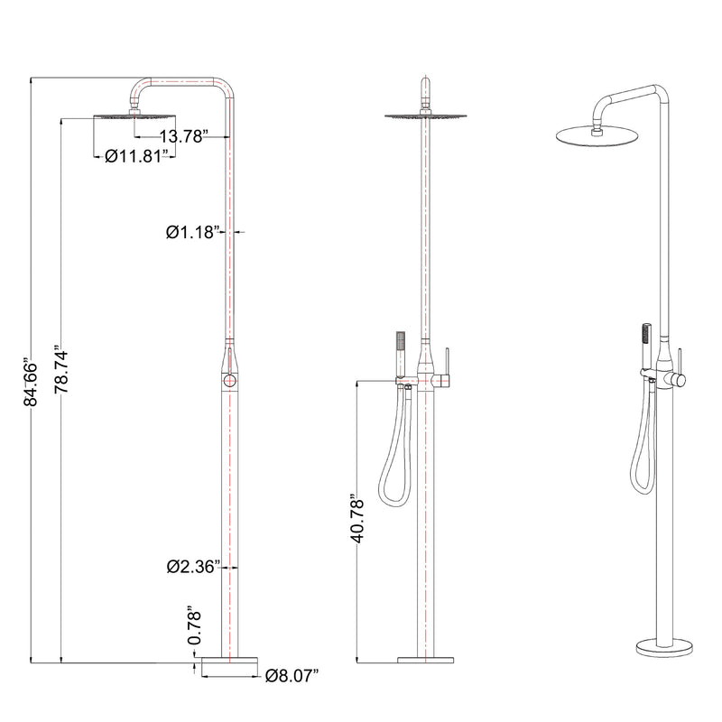 【Wholease】Stainless Steel Outdoor Freestanding Exposed Shower System with Handheld Shower